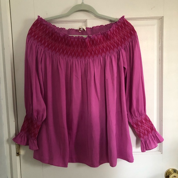 Maje Tops - Maje Fuchsia Pink Smocked Off-Shoulder Top